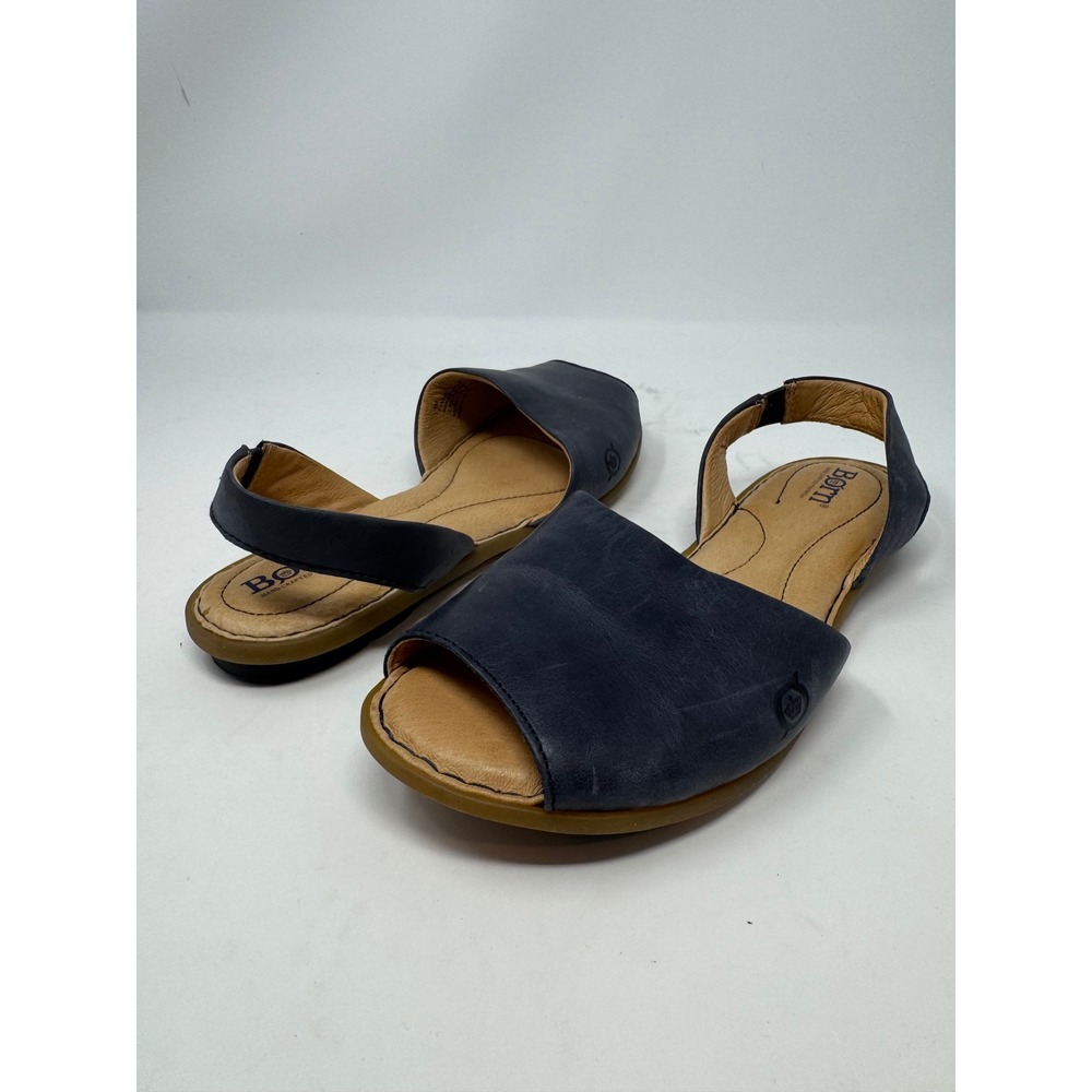 Born Womens Navy Blue Leather Slingback Peep Toe Flat Sandals F18834 Size 8M